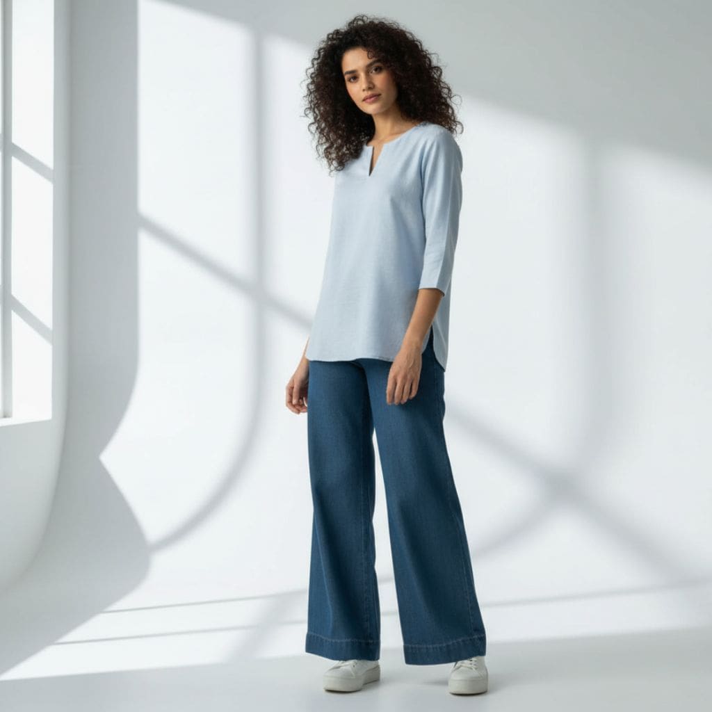 The Oxford Blue Cotton V-Notch Neck Short Kurta