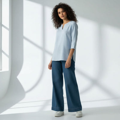 The Oxford Blue Cotton V-Notch Neck Short Kurta