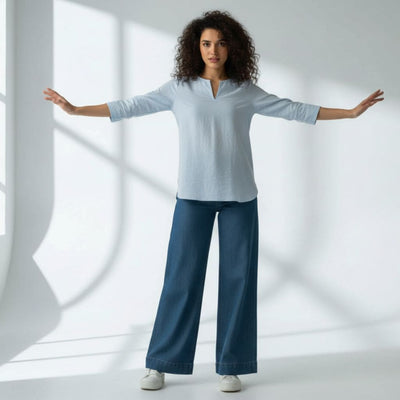 The Oxford Blue Cotton V-Notch Neck Short Kurta