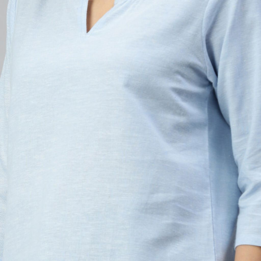 The Oxford Blue Cotton V-Notch Neck Short Kurta