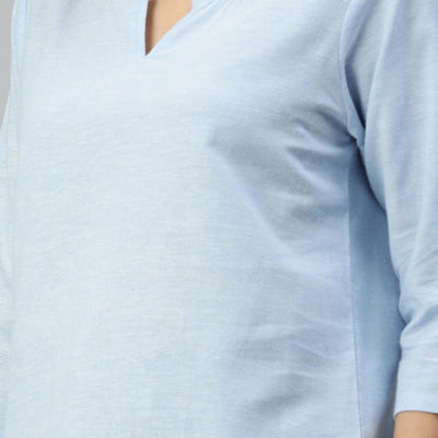 The Oxford Blue Cotton V-Notch Neck Short Kurta