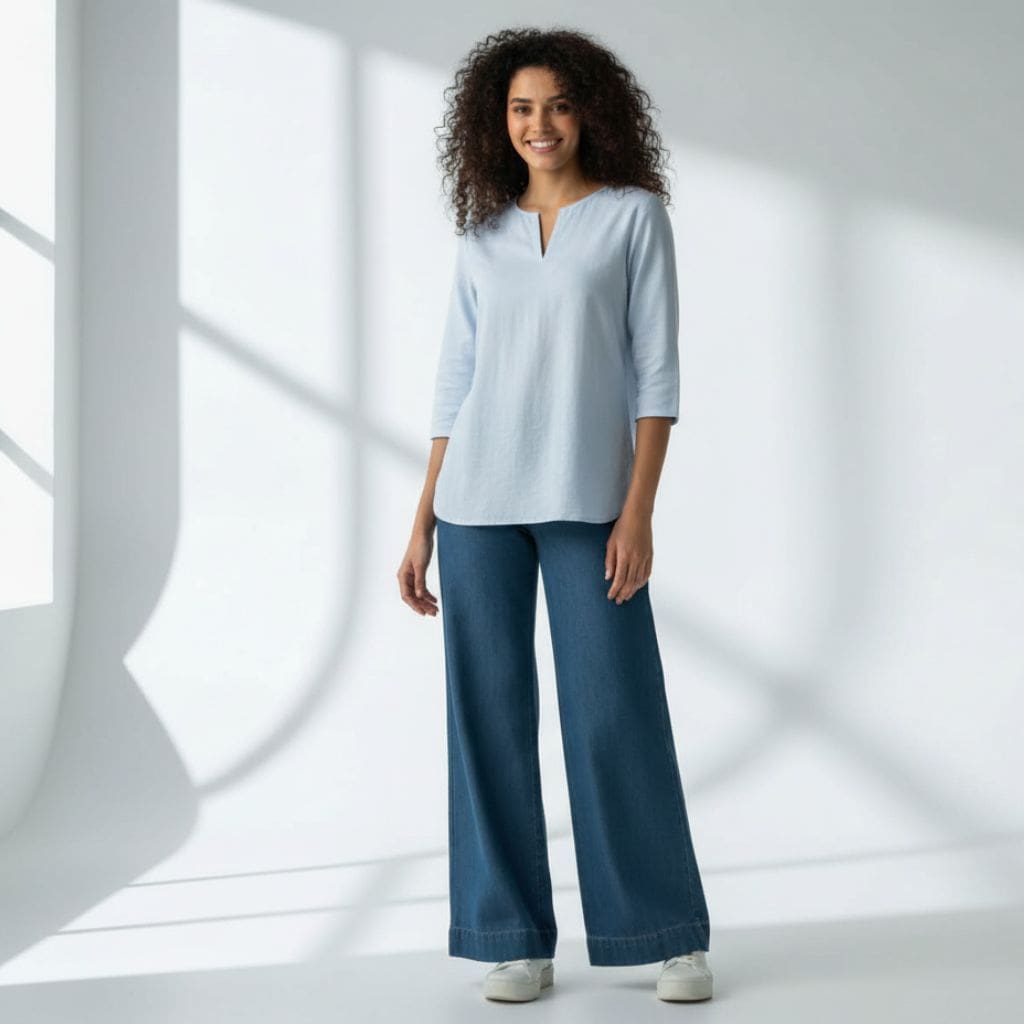 The Oxford Blue Cotton V-Notch Neck Short Kurta