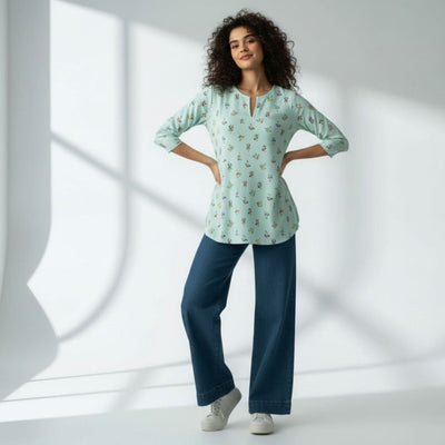 The Pale Turquoise Viscose V-Notch Neck Short Kurta