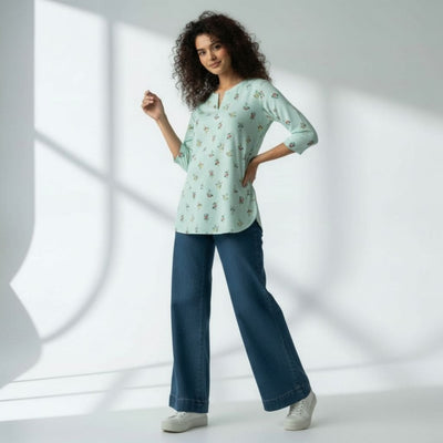 The Pale Turquoise Viscose V-Notch Neck Short Kurta