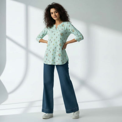 The Pale Turquoise Viscose V-Notch Neck Short Kurta