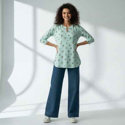 The Pale Turquoise Viscose V-Notch Neck Short Kurta