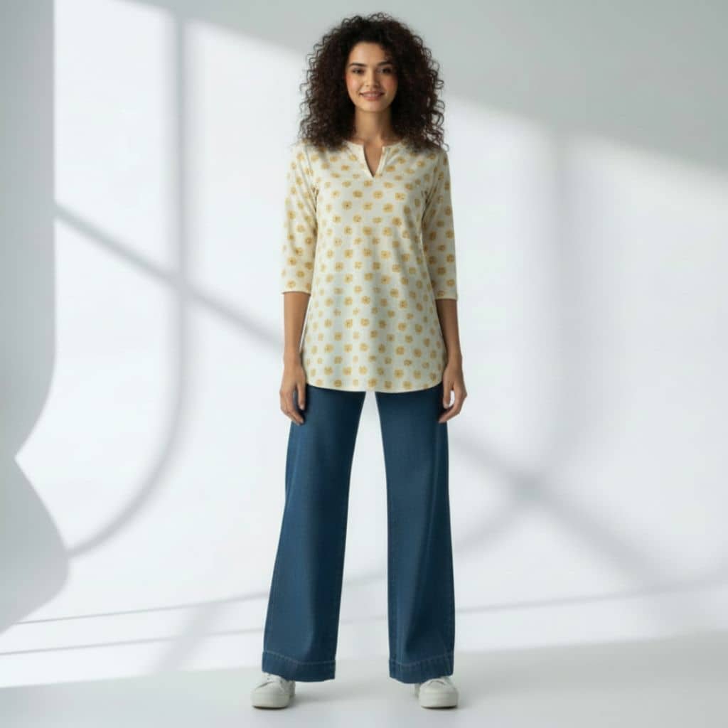 The Floral Cream Cotton V-Notch Neck Short Kurta