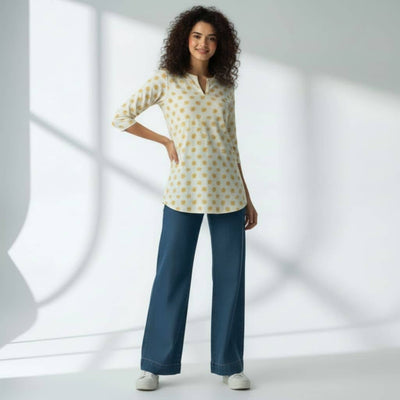 The Floral Cream Cotton V-Notch Neck Short Kurta