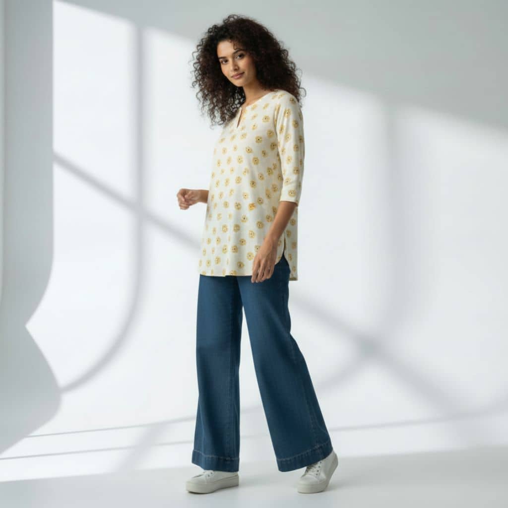 The Floral Cream Cotton V-Notch Neck Short Kurta