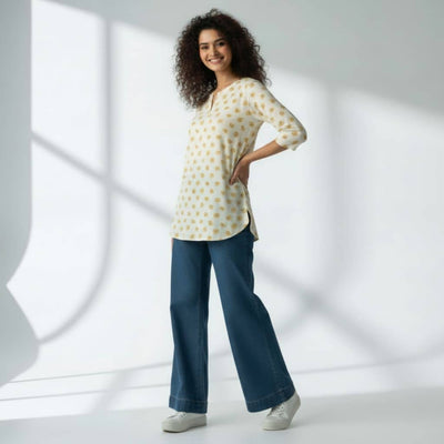 The Floral Cream Cotton V-Notch Neck Short Kurta