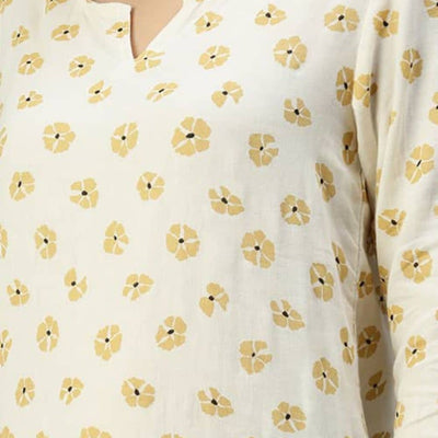 The Floral Cream Cotton V-Notch Neck Short Kurta