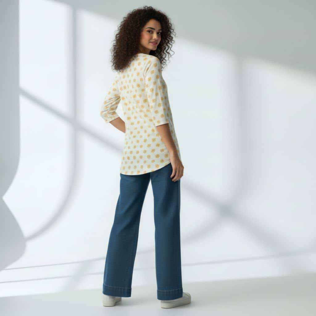 The Floral Cream Cotton V-Notch Neck Short Kurta