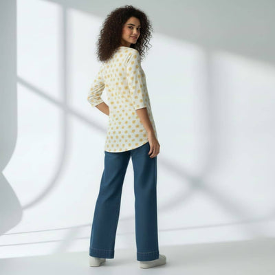 The Floral Cream Cotton V-Notch Neck Short Kurta