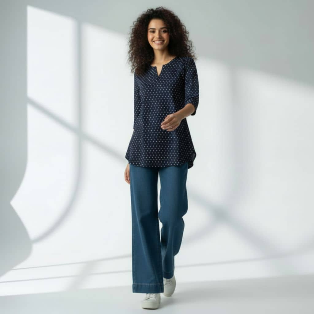 The Hearts of Navy Cotton V-Notch Neck Short Kurta