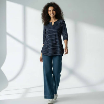 The Hearts of Navy Cotton V-Notch Neck Short Kurta