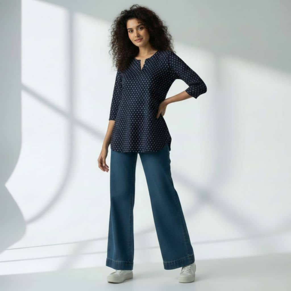 The Hearts of Navy Cotton V-Notch Neck Short Kurta