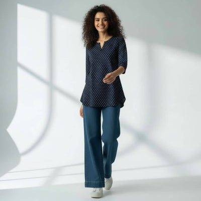 The Hearts of Navy Cotton V-Notch Neck Short Kurta