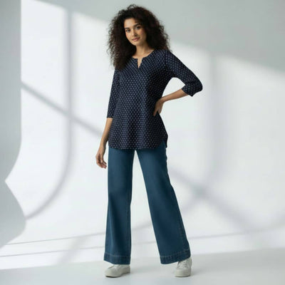 The Hearts of Navy Cotton V-Notch Neck Short Kurta