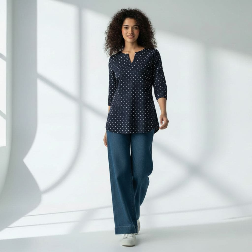 The Polka Navy Cotton Poplin V-Notch Neck Short Kurta