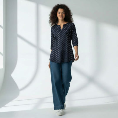 The Polka Navy Cotton Poplin V-Notch Neck Short Kurta