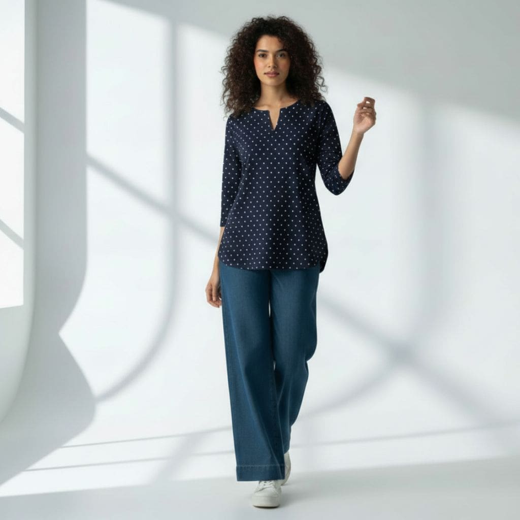 The Polka Navy Cotton Poplin V-Notch Neck Short Kurta