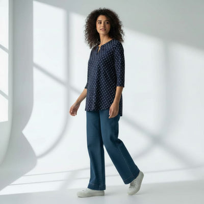 The Polka Navy Cotton Poplin V-Notch Neck Short Kurta