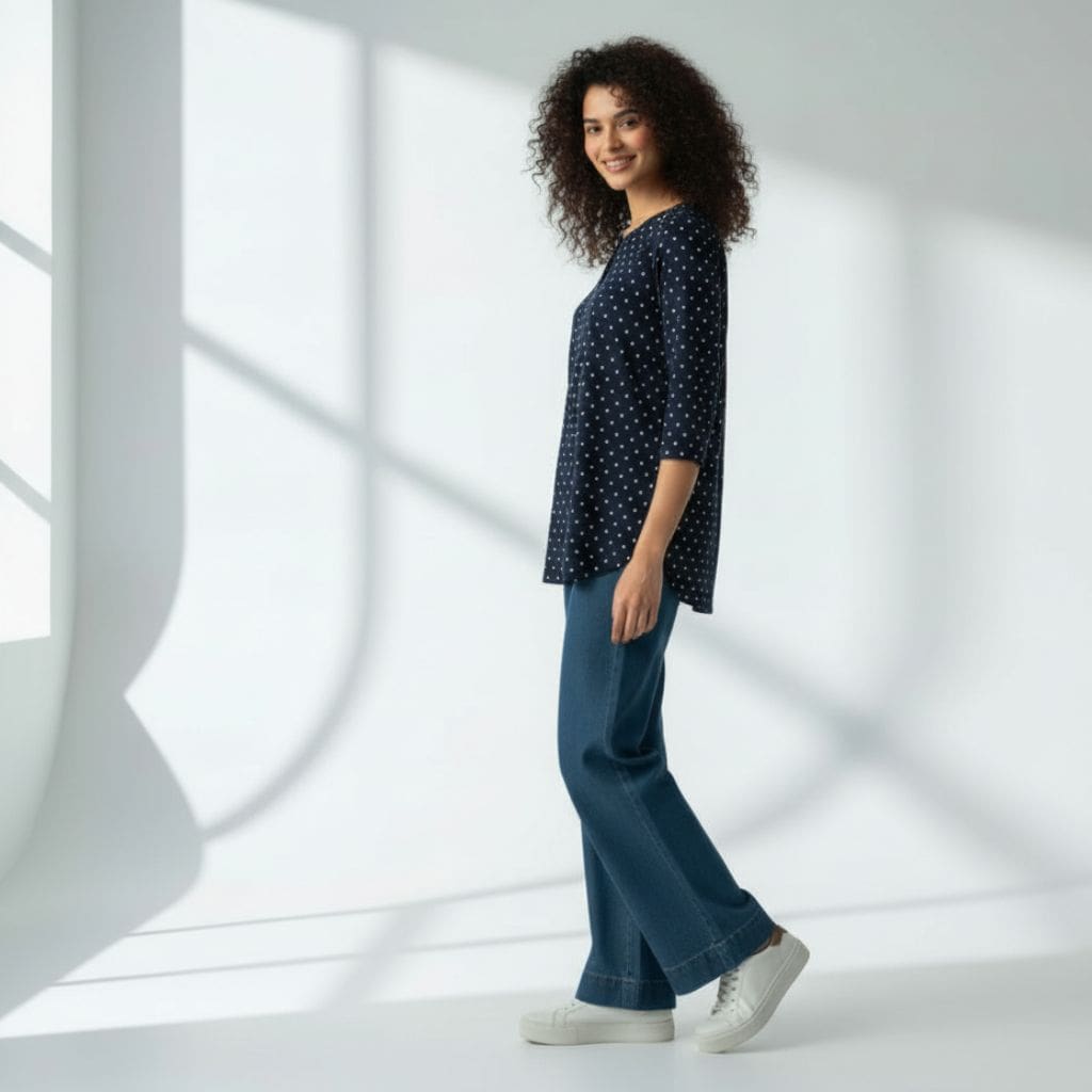 The Polka Navy Cotton Poplin V-Notch Neck Short Kurta