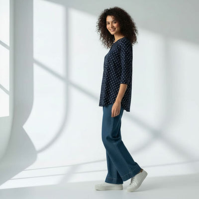 The Polka Navy Cotton Poplin V-Notch Neck Short Kurta