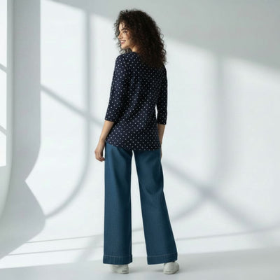 The Polka Navy Cotton Poplin V-Notch Neck Short Kurta