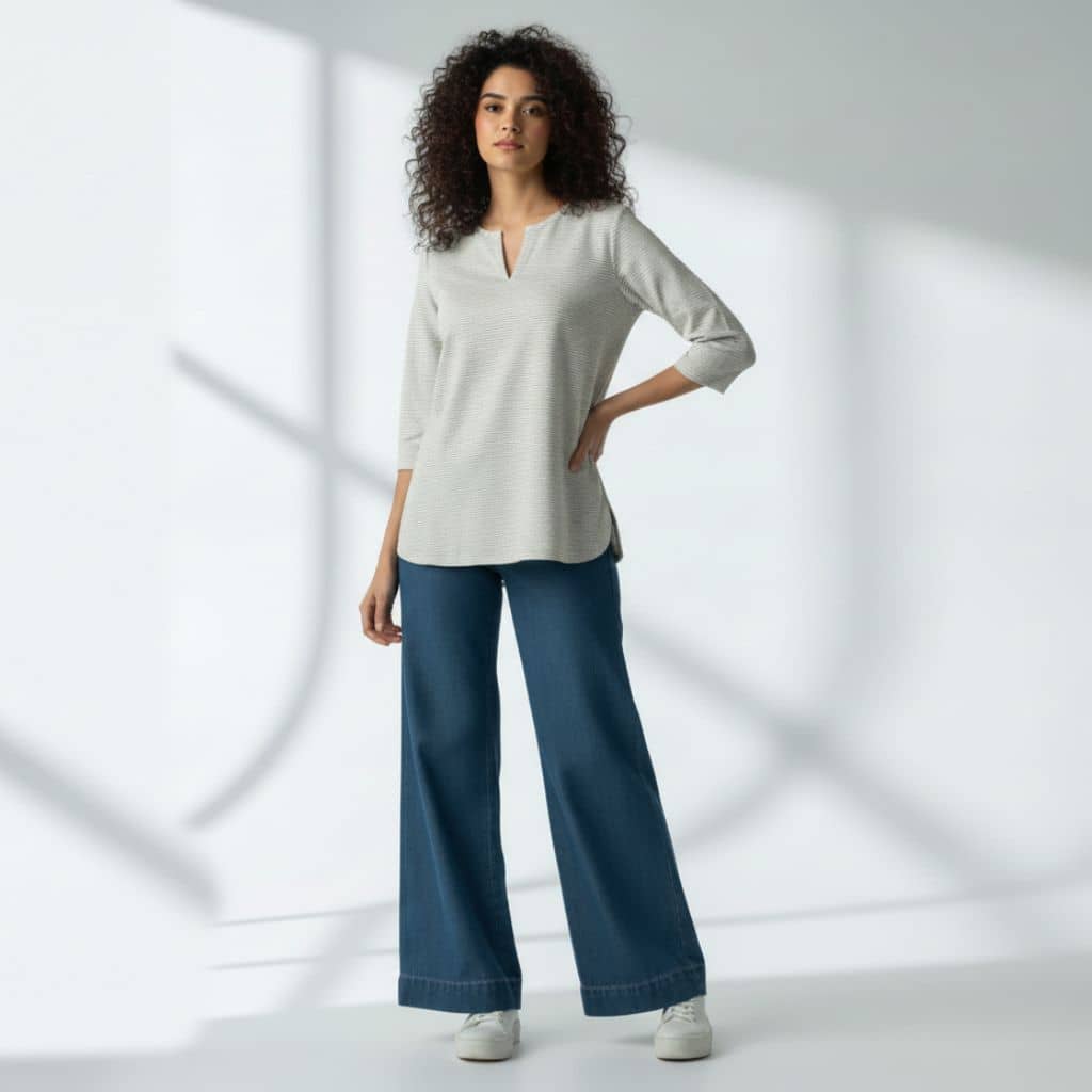 The Nautical Stripes Cotton V-Notch Neck Short Kurta