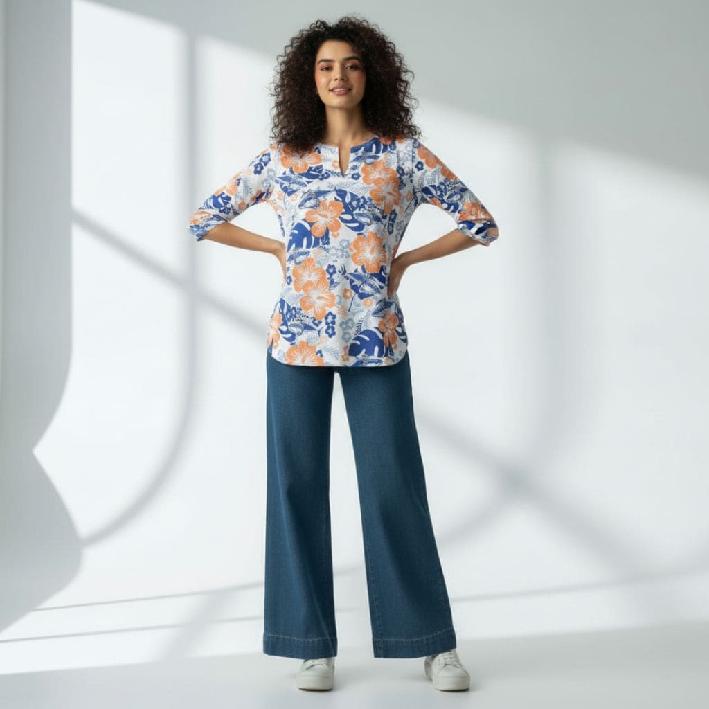 The Hibiscus Floral Cotton Poplin V-Notch Neck Short Kurta