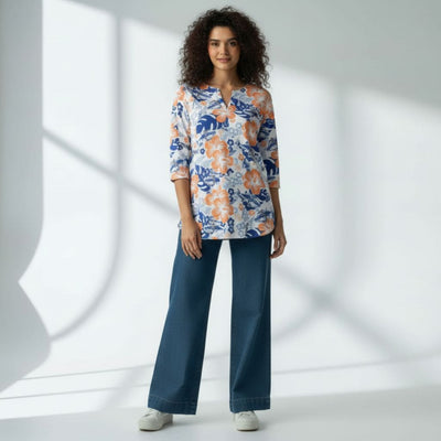 The Hibiscus Floral Cotton Poplin V-Notch Neck Short Kurta