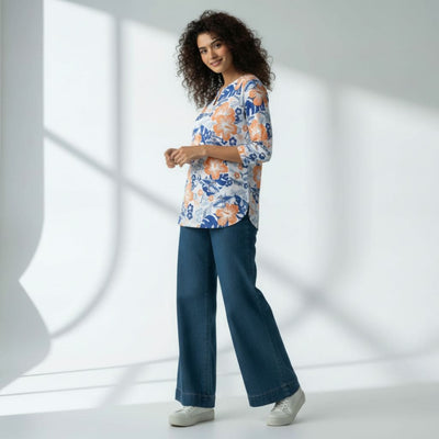 The Hibiscus Floral Cotton Poplin V-Notch Neck Short Kurta