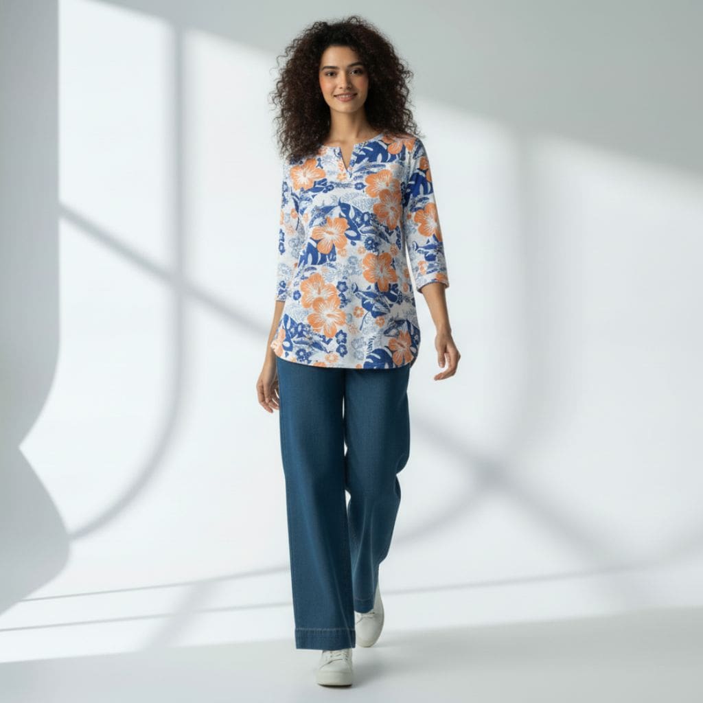 The Hibiscus Floral Cotton Poplin V-Notch Neck Short Kurta