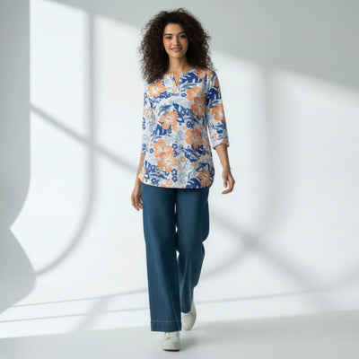 The Hibiscus Floral Cotton Poplin V-Notch Neck Short Kurta