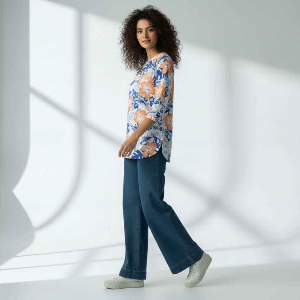 The Hibiscus Floral Cotton Poplin V-Notch Neck Short Kurta