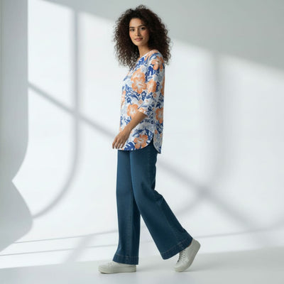 The Hibiscus Floral Cotton Poplin V-Notch Neck Short Kurta