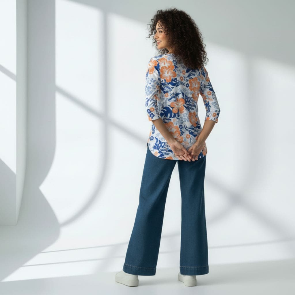 The Hibiscus Floral Cotton Poplin V-Notch Neck Short Kurta