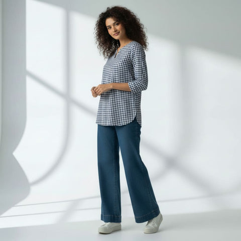 The Gingham Check Cotton V-Notch Neck Short Kurta