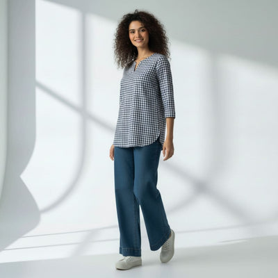 The Gingham Check Cotton V-Notch Neck Short Kurta