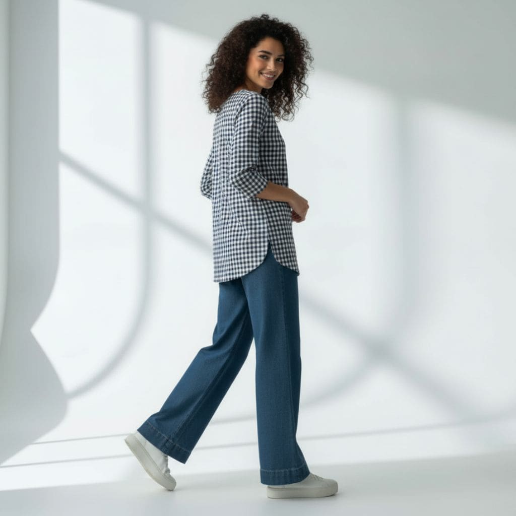 The Gingham Check Cotton V-Notch Neck Short Kurta