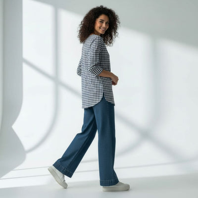 The Gingham Check Cotton V-Notch Neck Short Kurta