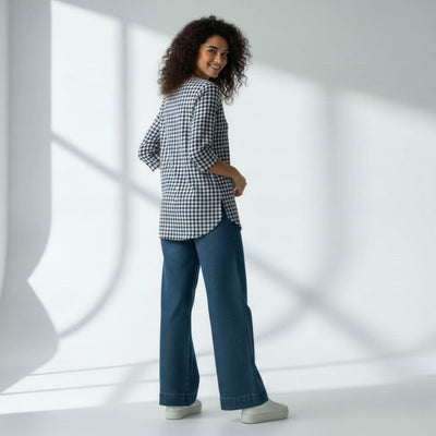 The Gingham Check Cotton V-Notch Neck Short Kurta