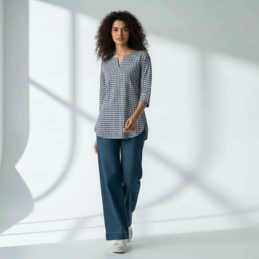 The Gingham Check Cotton V-Notch Neck Short Kurta