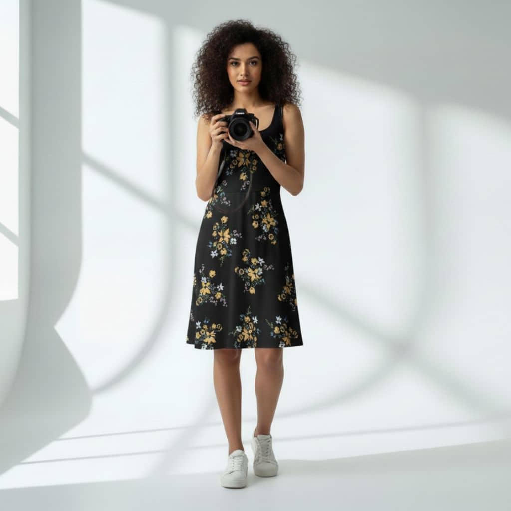 The Floral in Black Viscose WFH A-Line Dress