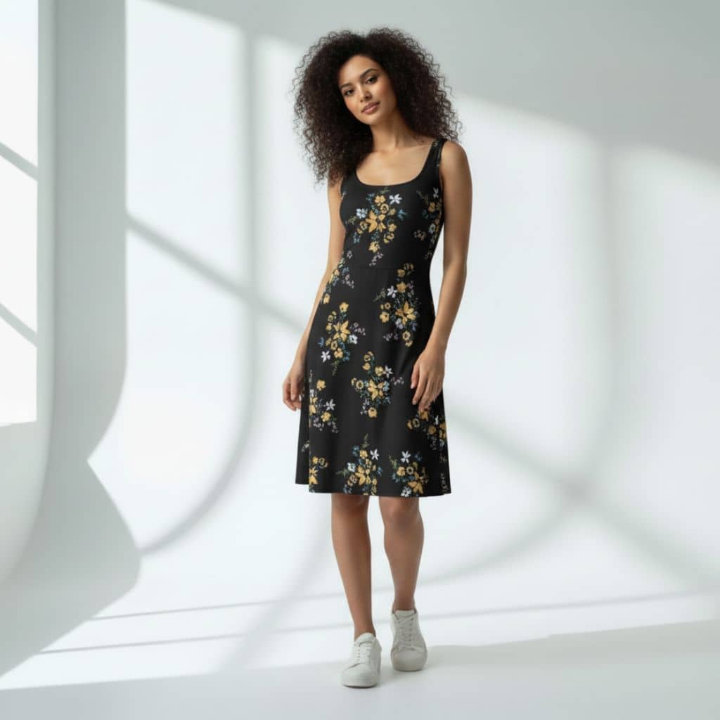 The Floral in Black Viscose WFH A-Line Dress