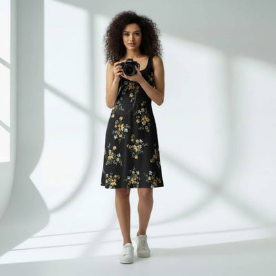 The Floral in Black Viscose WFH A-Line Dress
