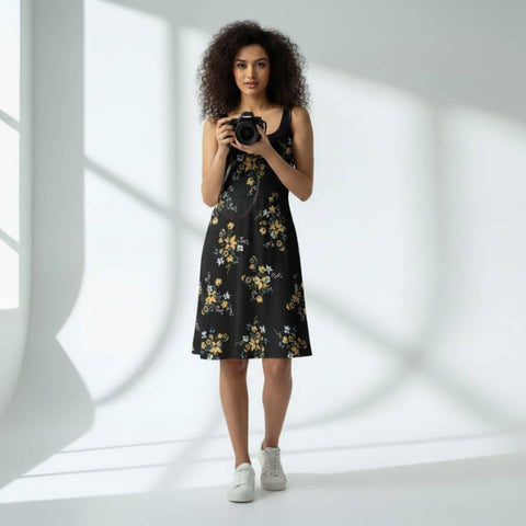 The Floral in Black Viscose WFH A-Line Dress