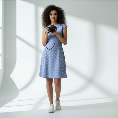 The Polka Blue Viscose WFH A-Line Dress