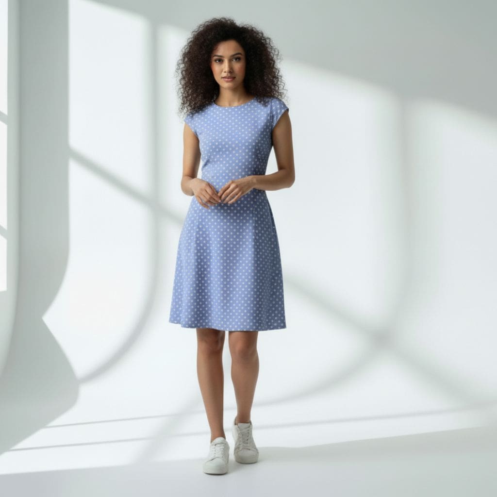 The Polka Blue Viscose WFH A-Line Dress